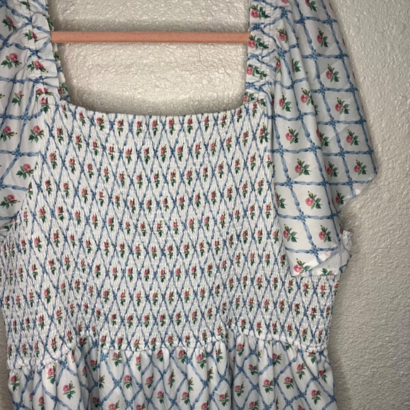 White Smocked Floral Dress – Tiered, Flutter Sleeves - Picture 8 of 9